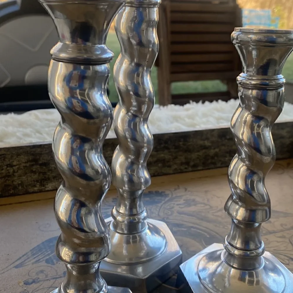 Pier 1 Twirled Silver Pillar Candleholders (3)